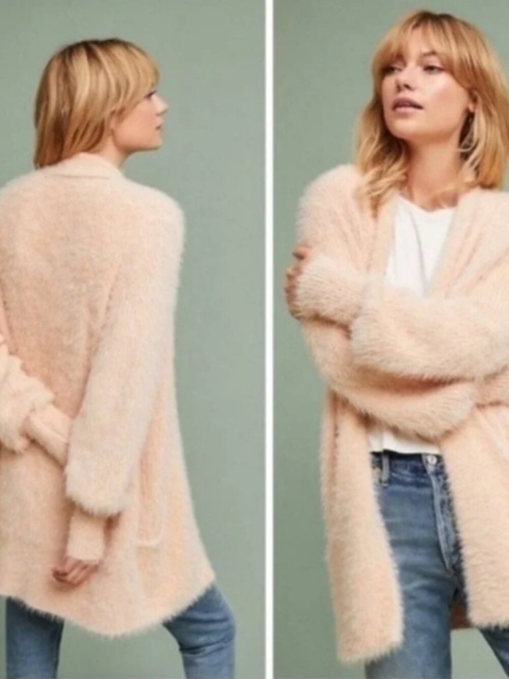 Anthropologie Knitted & Knotted Eyelash Fuzzy Knit Cardigan Sweater Pink S